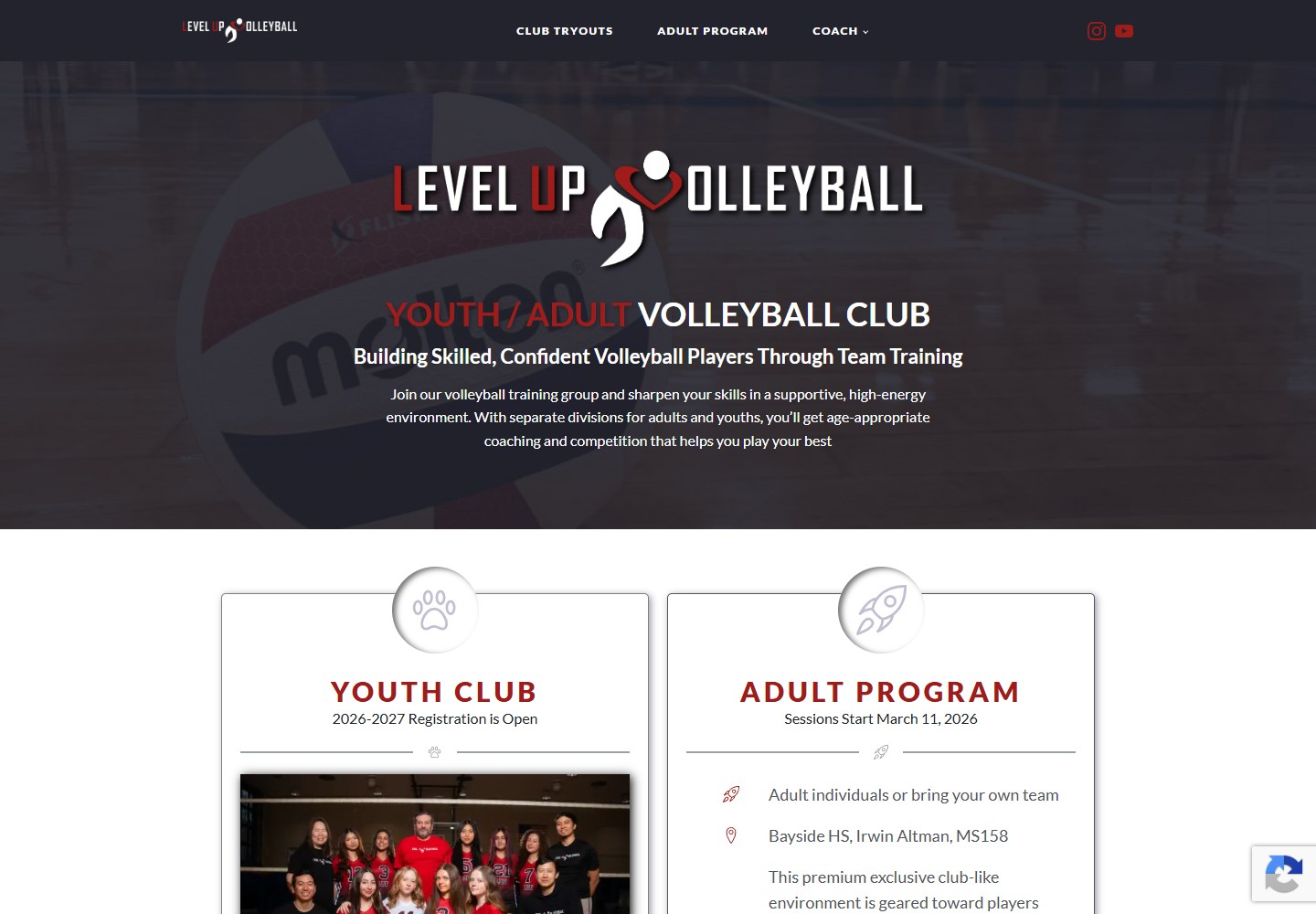 Level Up Volleyball live website screenshot