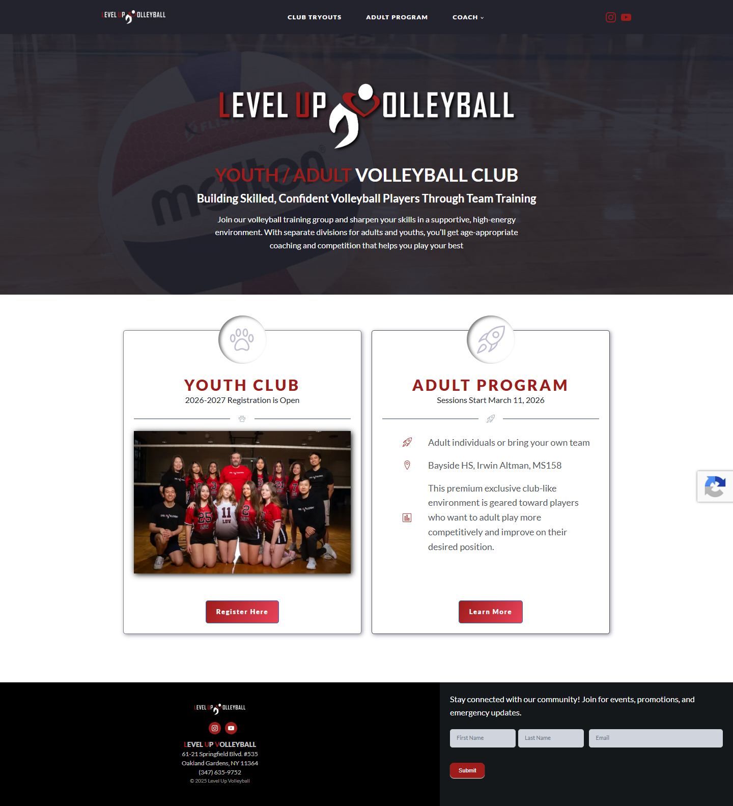 Level Up Volleyball live website screenshot