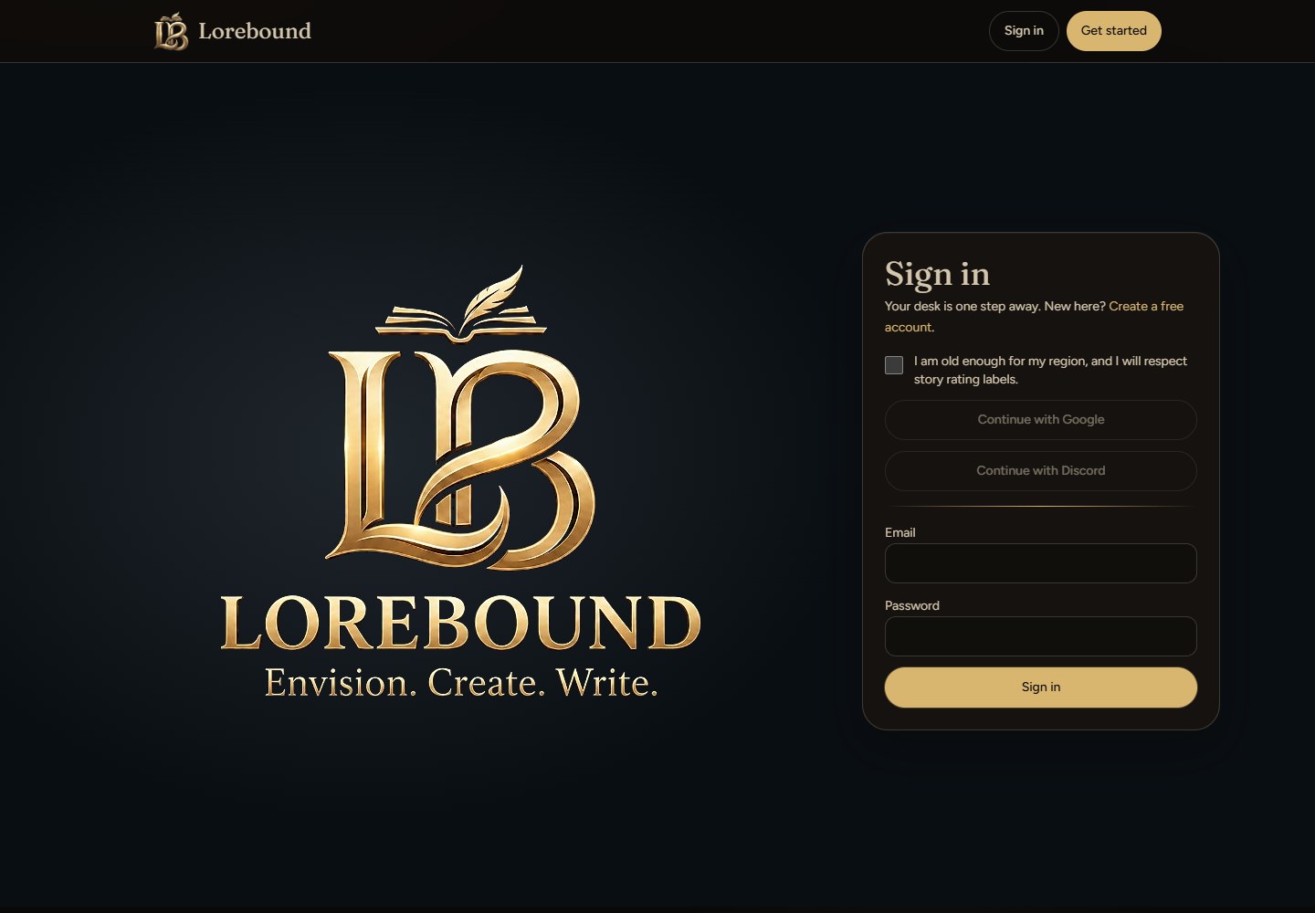 Lorebound live website screenshot