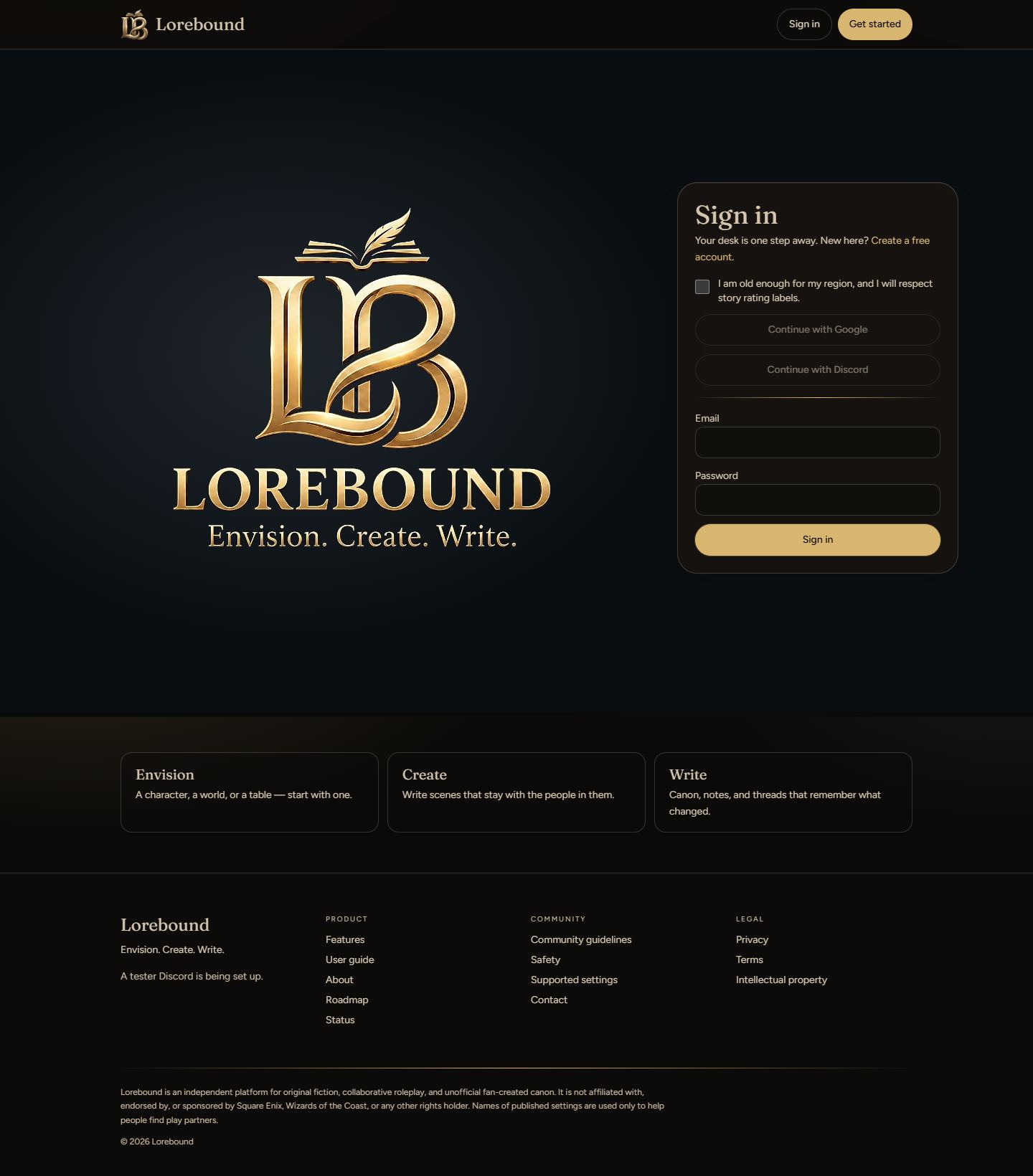 Lorebound live website screenshot